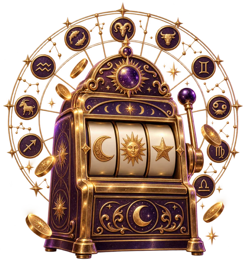 A golden mystical slot machine with moon, sun and star reels, surrounded by a zodiac wheel