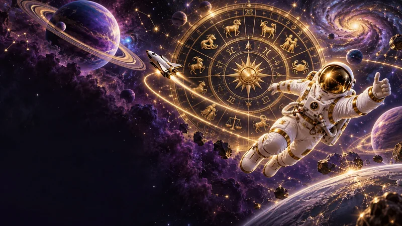 Spaceman reimagined with golden zodiac symbols and a mystical night sky