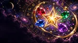 Starburst reimagined with golden zodiac symbols and a mystical night sky