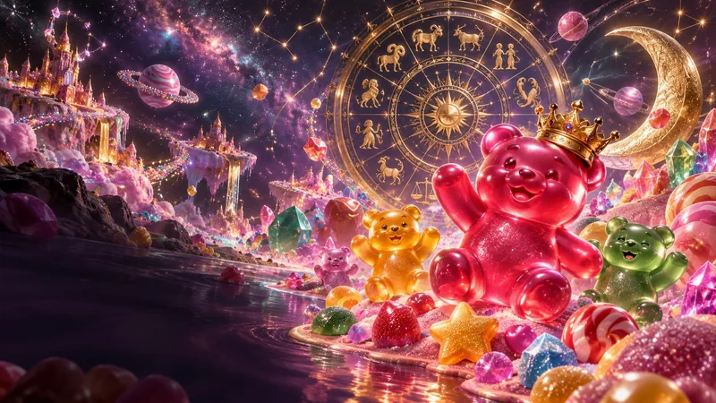 Sugar Rush reimagined with golden zodiac symbols and a mystical night sky